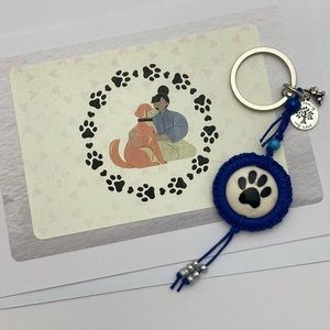 Hand Crafted Macrame Dog Paw Keychain with Handmade Greeting Card and Envelope